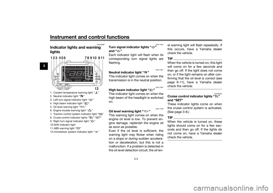 YAMAHA NIKEN 2018  Owners Manual Instrument and control functions
3-5
3
EAU4939F
In dicator li ghts an d warnin g 
li g hts
EAU11032
Turn si gnal in dicator li ghts “ ” 
an d“”
Each indicator light will flash when its
corresp