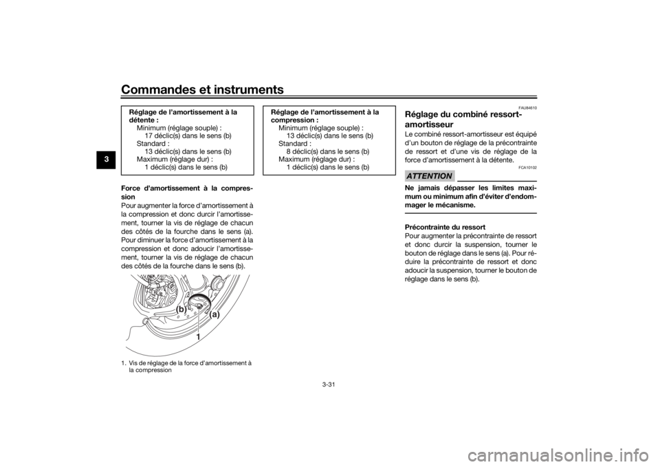 YAMAHA NIKEN 2018  Notices Demploi (in French) Commandes et instruments
3-31
3
Force  d’amortissement à la compres-
sion
Pour augmenter la force d’amortissement à
la compression et donc durcir l’amortisse-
ment, tourner la vis de réglage 