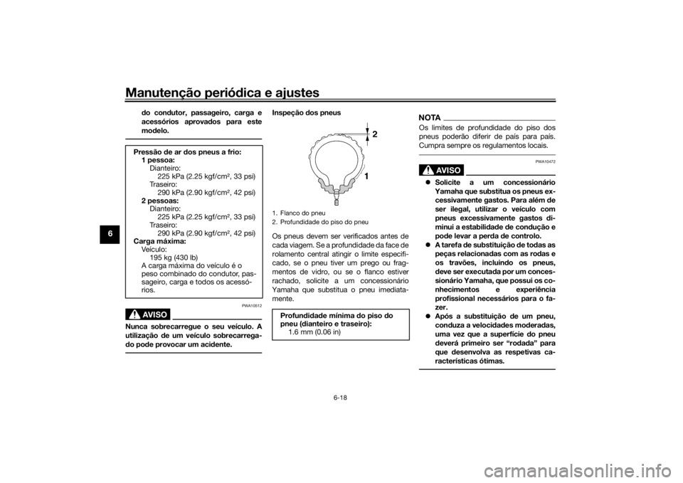 YAMAHA NIKEN 2018 Manual de utilização (in Portuguese) Manutenção periódica e ajustes
6-18
6
do con dutor, passageiro, carga e
acessórios aprova dos para este
mo delo.AVISO
PWA10512
Nunca sobrecarregue o seu veículo. A
utilização de um veículo so YAMAHA NIKEN 2018 Manual de utilização (in Portuguese) Manutenção periódica e ajustes
6-18
6
do con dutor, passageiro, carga e
acessórios aprova dos para este
mo delo.AVISO
PWA10512
Nunca sobrecarregue o seu veículo. A
utilização de um veículo so