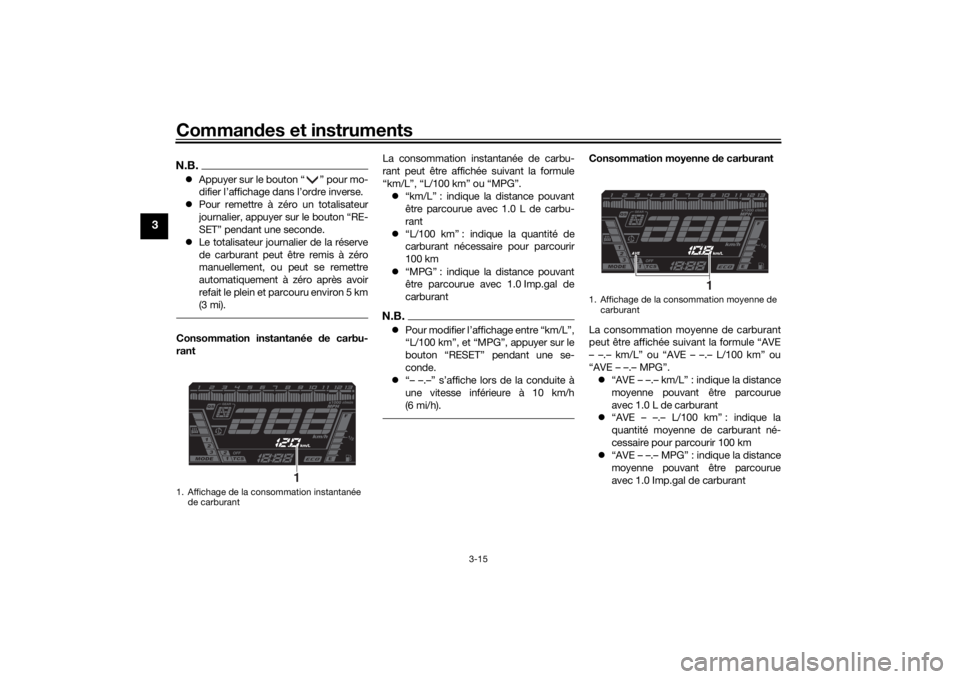 YAMAHA NIKEN GT 2020  Notices Demploi (in French) Commandes et instruments
3-15
3
N.B. Appuyer sur le bouton “ ” pour mo-
difier l’affichage dans l’ordre inverse.
 Pour remettre à zéro un totalisateur
journalier, appuyer sur le bouton