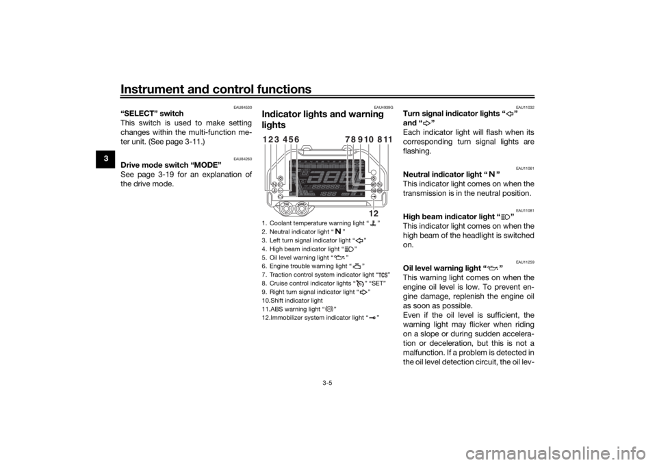 YAMAHA NIKEN GT 2019  Owners Manual Instrument and control functions
3-5
3
EAU84530
“SELECT” switch
This switch is used to make setting
changes within the multi-function me-
ter unit. (See page 3-11.)
EAU84260
Drive mo de switch “