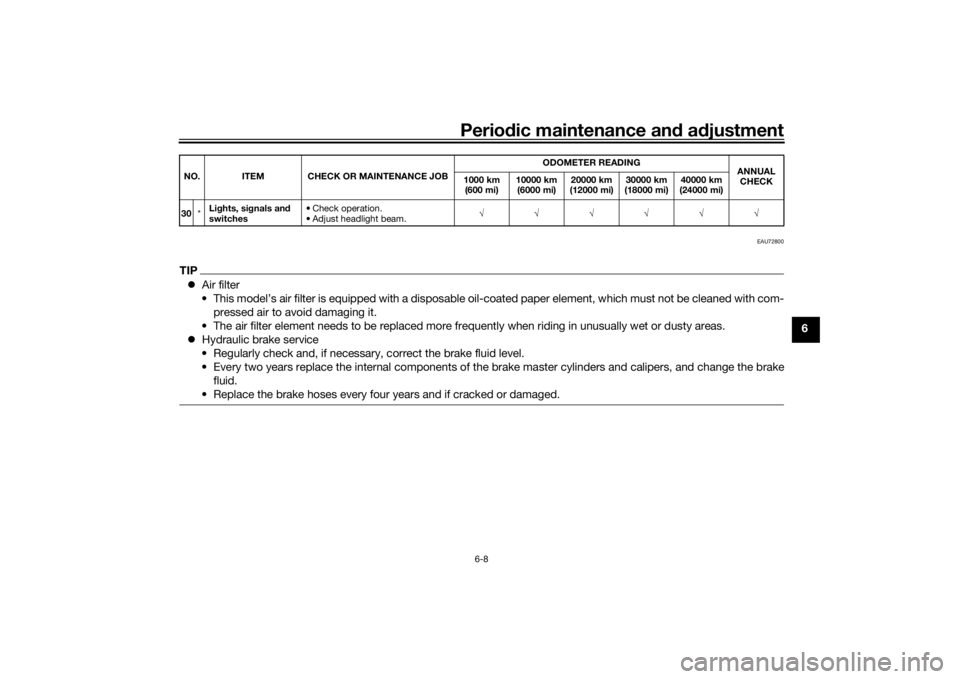 YAMAHA NIKEN GT 2019 Repair Manual Periodic maintenance an d a djustment
6-8
6
EAU72800
TIP Air filter
• This model’s air filter is equipped with a disposable oil-coated paper element, which must not be cleaned with com- pressed YAMAHA NIKEN GT 2019 Repair Manual Periodic maintenance an d a djustment
6-8
6
EAU72800
TIP Air filter
• This model’s air filter is equipped with a disposable oil-coated paper element, which must not be cleaned with com- pressed