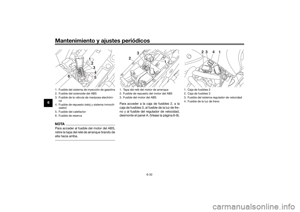 YAMAHA NIKEN GT 2019  Manuale de Empleo (in Spanish) Mantenimiento y ajustes periódicos
6-32
6
NOTAPara acceder al fusible del motor del ABS,
retire la tapa del relé  de arranque tirando de
ella hacia arriba.
Para acceder a la caja de fusibles 2, a la