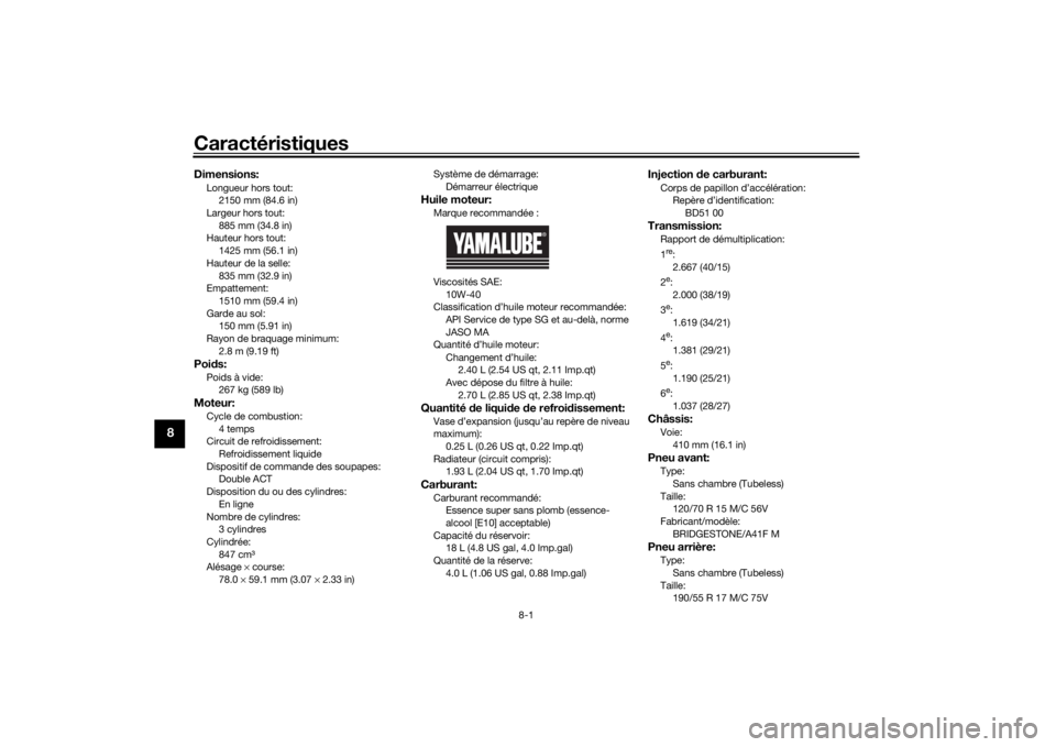 YAMAHA NIKEN GT 2019 Notices Demploi (in French) Caractéristiques
8-1
8
Dimensions:Longueur hors tout:2150 mm (84.6 in)
Largeur hors tout:
885 mm (34.8 in)
Hauteur hors tout: 1425 mm (56.1 in)
Hauteur de la selle: 835 mm (32.9 in)
Empattement:
1510 YAMAHA NIKEN GT 2019 Notices Demploi (in French) Caractéristiques
8-1
8
Dimensions:Longueur hors tout:2150 mm (84.6 in)
Largeur hors tout:
885 mm (34.8 in)
Hauteur hors tout: 1425 mm (56.1 in)
Hauteur de la selle: 835 mm (32.9 in)
Empattement:
1510