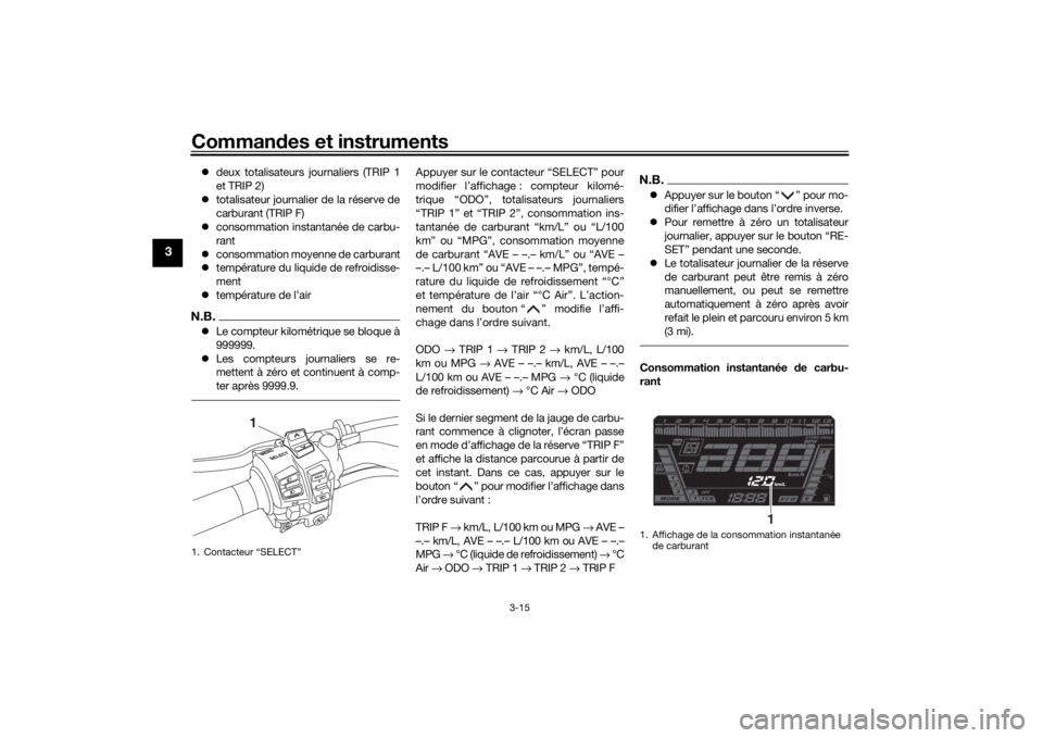 YAMAHA NIKEN GT 2019  Notices Demploi (in French) Commandes et instruments
3-15
3
 deux totalisateurs journaliers (TRIP 1
et TRIP 2)
 totalisateur journalier de la réserve de
carburant (TRIP F)
 consommation instantanée de carbu-
rant
 