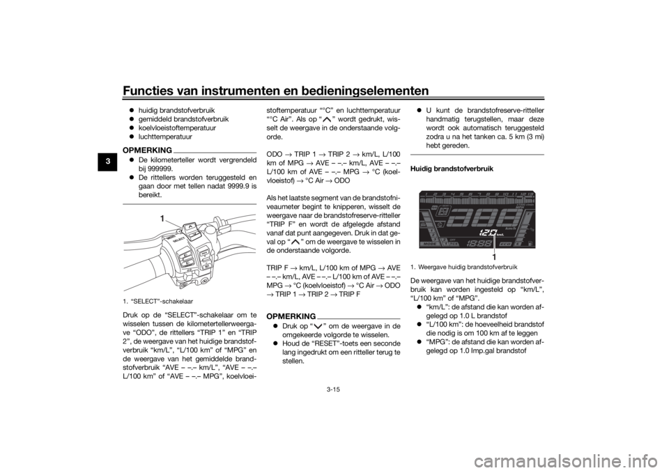 YAMAHA NIKEN GT 2019 Instructieboekje (in Dutch) Functies van instrumenten en bed ienin gselementen
3-15
3
huidig brandstofverbruik
gemiddeld brandstofverbruik
koelvloeistoftemperatuur
luchttemperatuurOPMERKINGDe kilometerteller w YAMAHA NIKEN GT 2019 Instructieboekje (in Dutch) Functies van instrumenten en bed ienin gselementen
3-15
3
huidig brandstofverbruik
gemiddeld brandstofverbruik
koelvloeistoftemperatuur
luchttemperatuurOPMERKINGDe kilometerteller w