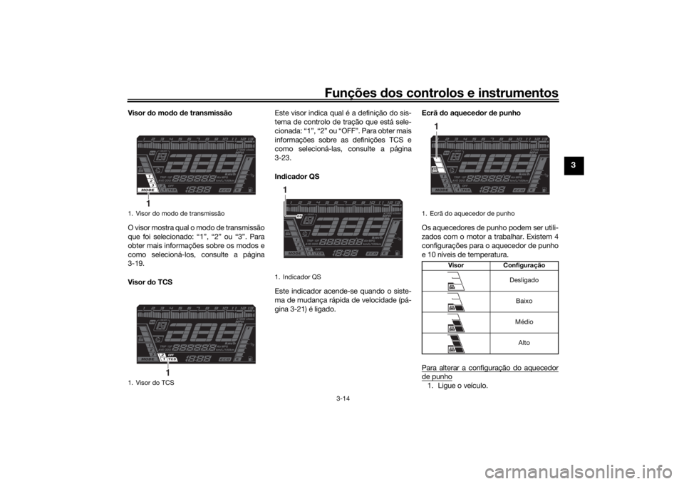 YAMAHA NIKEN GT 2019  Manual de utilização (in Portuguese) Funções dos controlos e instrumentos
3-14
3
Visor  do mo do d e transmissão
O visor mostra qual o modo de transmissão
que foi selecionado: “1”, “2” ou “3”. Para
obter mais informaçõe