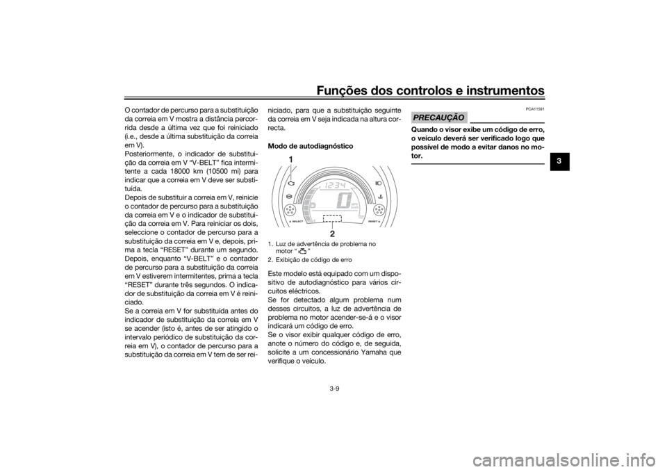 YAMAHA NMAX 125 2015 Manual de utilização (in Portuguese) Funções dos controlos e instrumentos
3-9
3
O contador de percurso para a substituição
da correia em V mostra a distância percor-
rida desde a última vez que foi reiniciado
(i.e., desde a última YAMAHA NMAX 125 2015 Manual de utilização (in Portuguese) Funções dos controlos e instrumentos
3-9
3
O contador de percurso para a substituição
da correia em V mostra a distância percor-
rida desde a última vez que foi reiniciado
(i.e., desde a última