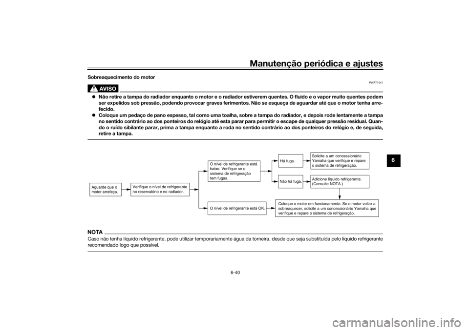 YAMAHA NMAX 2015 Manual de utilização (in Portuguese) Manutenção periódica e ajustes
6-40
6
Sobreaquecimento do motor
AVISO
PWAT1041
Não retire a tampa d o radiador enquanto o motor e o ra dia dor estiverem quentes. O flui do e o vapor muito que YAMAHA NMAX 2015 Manual de utilização (in Portuguese) Manutenção periódica e ajustes
6-40
6
Sobreaquecimento do motor
AVISO
PWAT1041
Não retire a tampa d o radiador enquanto o motor e o ra dia dor estiverem quentes. O flui do e o vapor muito que