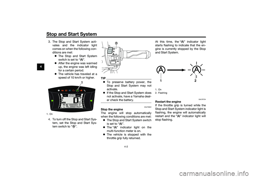 YAMAHA NMAX 125 2021  Owners Manual Stop and Start System
4-2
43. The Stop and Start System acti-
vates and the indicator light
comes on when the following con-
ditions are met:
The Stop and Start System
switch is set to “ ”.

