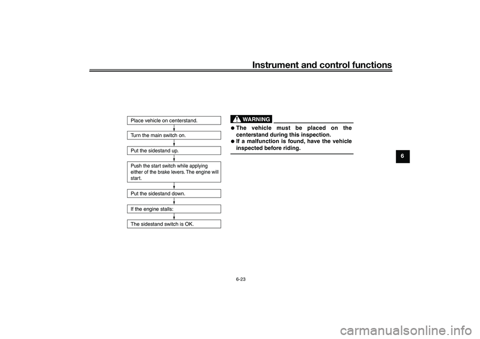 YAMAHA NMAX 125 2021  Owners Manual Instrument and control functions
6-23
6
Turn the main switch on.
Put the sidestand up.Push the start switch while applying
either of the brake levers. The engine will
start.Put the sidestand down.
If 