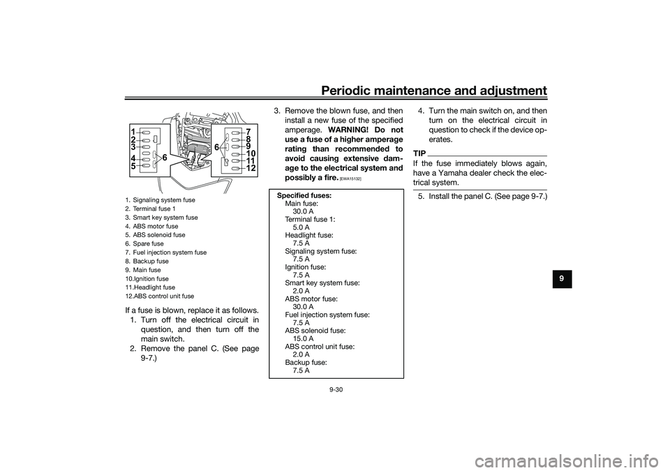 YAMAHA NMAX 125 2021  Owners Manual Periodic maintenance and adjustment
9-30
9
If a fuse is blown, replace it as follows.
1. Turn off the electrical circuit in
question, and then turn off the
main switch.
2. Remove the panel C. (See pag