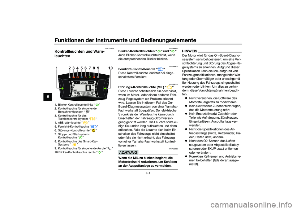 YAMAHA NMAX 125 2021 Betriebsanleitungen (in German) Funktionen der Instrumente und Bedienungselemente
6-1
6
GAU77123
Kontrollleuchten und Warn-
leuchten
GAU88900
Blinker-Kontrollleuchten “ ” und“”
Jede Blinker-Kontrollleuchte blinkt, wenn
die YAMAHA NMAX 125 2021 Betriebsanleitungen (in German) Funktionen der Instrumente und Bedienungselemente
6-1
6
GAU77123
Kontrollleuchten und Warn-
leuchten
GAU88900
Blinker-Kontrollleuchten “ ” und“”
Jede Blinker-Kontrollleuchte blinkt, wenn
die