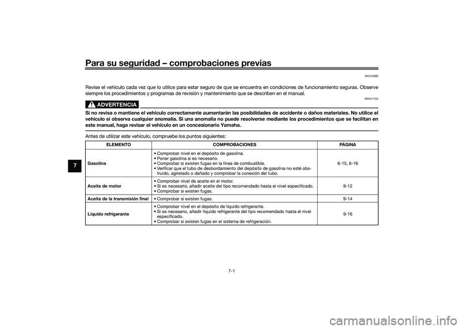 YAMAHA NMAX 125 2021  Manuale de Empleo (in Spanish) Para su seguridad – comprobaciones previas
7-1
7
SAU1559B
Revise el vehículo cada vez que lo utilice para estar seguro de que se encuentra en condiciones de funcionamiento seguras. Observe
siempre 