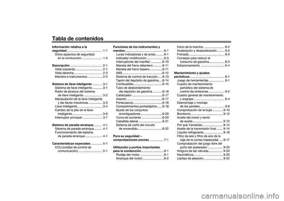 YAMAHA NMAX 125 2020  Manuale de Empleo (in Spanish) Tabla de contenidosInformación relativa a la 
seguridad.......................................... 1-1
Otros aspectos de seguridad 
en la conducción......................... 1-5
Descripción.........