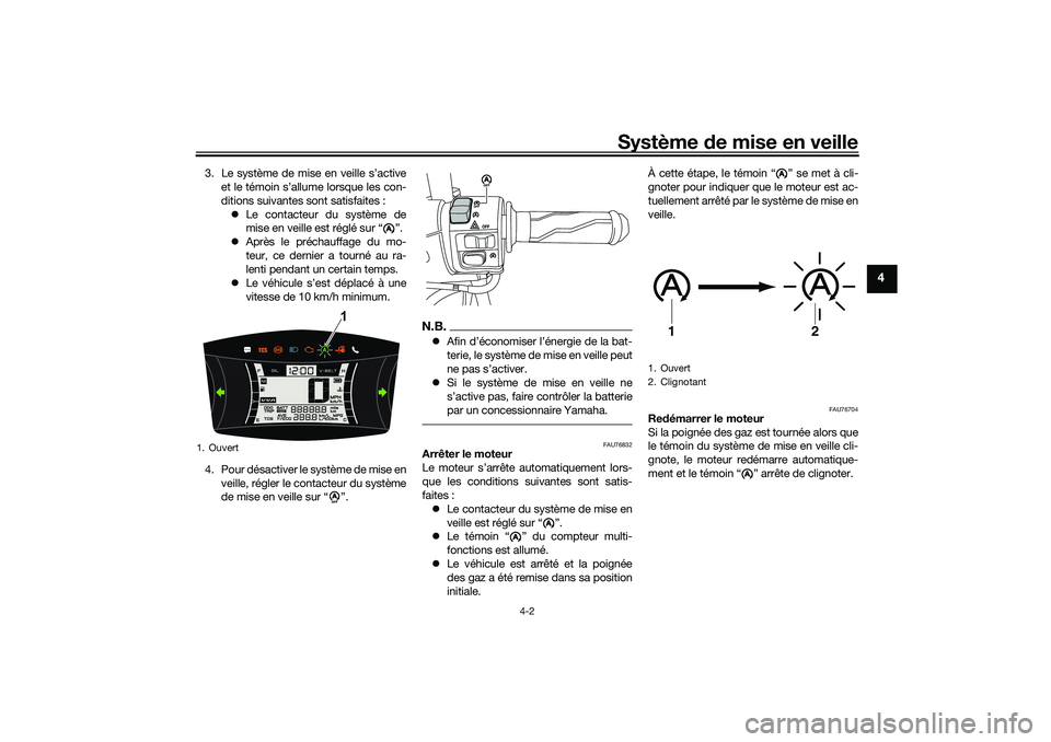 YAMAHA NMAX 125 2020  Notices Demploi (in French) Système de mise en veille
4-2
4
3. Le système de mise en veille s’active
et le témoin s’allume lorsque les con-
ditions suivantes sont satisfaites :
Le contacteur du système de
mise en veil