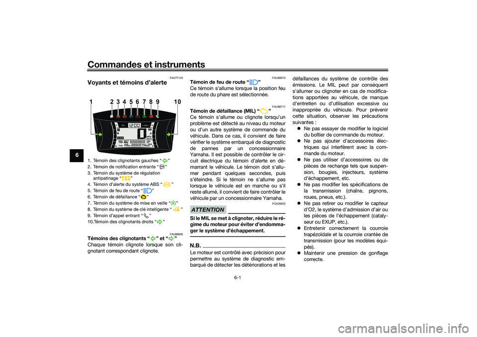YAMAHA NMAX 125 2020 Notices Demploi (in French) Commandes et instruments
6-1
6
FAU77123
Voyants et témoins d’alerte
FAU88900
Témoins des clignotants “ ” et “ ”
Chaque témoin clignote lorsque son cli-
gnotant correspondant clignote.
FAU YAMAHA NMAX 125 2020 Notices Demploi (in French) Commandes et instruments
6-1
6
FAU77123
Voyants et témoins d’alerte
FAU88900
Témoins des clignotants “ ” et “ ”
Chaque témoin clignote lorsque son cli-
gnotant correspondant clignote.
FAU