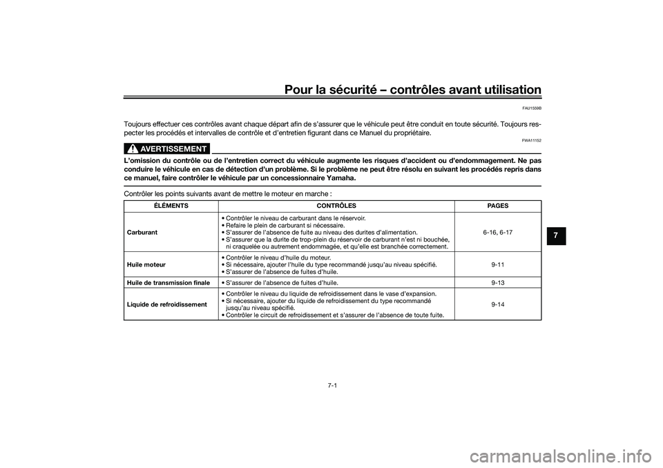 YAMAHA NMAX 125 2020 Notices Demploi (in French) Pour la sécurité – contrôles avant utilisation
7-1
7
FAU1559B
Toujours effectuer ces contrôles avant chaque départ afin de s’assurer que le véhicule peut être conduit en toute sécurité. T YAMAHA NMAX 125 2020 Notices Demploi (in French) Pour la sécurité – contrôles avant utilisation
7-1
7
FAU1559B
Toujours effectuer ces contrôles avant chaque départ afin de s’assurer que le véhicule peut être conduit en toute sécurité. T