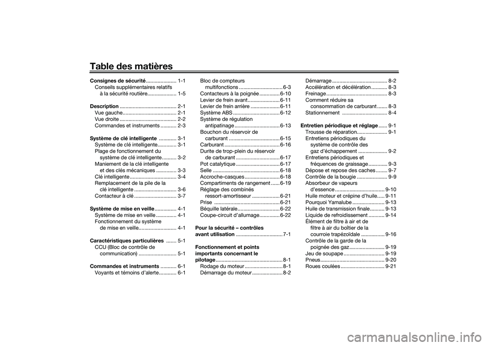 YAMAHA NMAX 125 2021  Notices Demploi (in French) Table des matièresConsignes de sécurité..................... 1-1
Conseils supplémentaires relatifs 
à la sécurité routière.................... 1-5
Description..................................