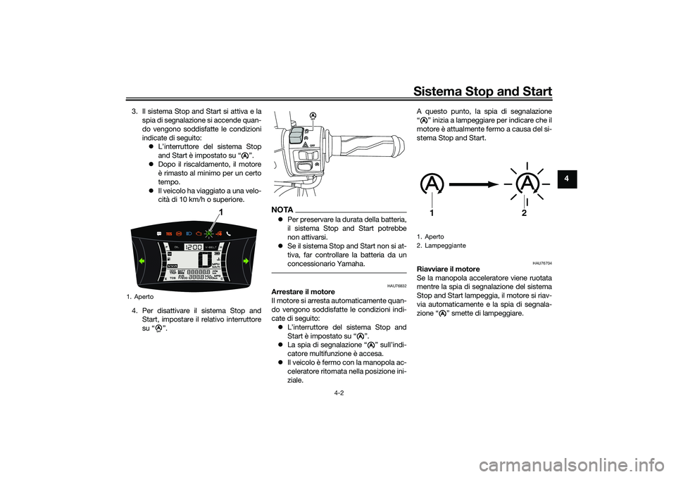 YAMAHA NMAX 125 2020 Manuale duso (in Italian) Sistema Stop and Start
4-2
4
3. Il sistema Stop and Start si attiva e la
spia di segnalazione si accende quan-
do vengono soddisfatte le condizioni
indicate di seguito:
L’interruttore del sistema YAMAHA NMAX 125 2020 Manuale duso (in Italian) Sistema Stop and Start
4-2
4
3. Il sistema Stop and Start si attiva e la
spia di segnalazione si accende quan-
do vengono soddisfatte le condizioni
indicate di seguito:
L’interruttore del sistema