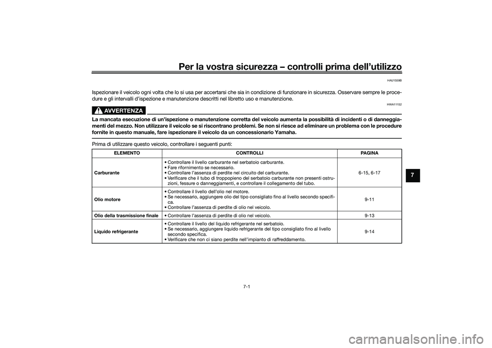 YAMAHA NMAX 125 2021  Manuale duso (in Italian) Per la vostra sicurezza – controlli prima dell’utilizzo
7-1
7
HAU1559B
Ispezionare il veicolo ogni volta che lo si usa per accertarsi che sia in condizione di funzionare in sicurezza. Osservare se