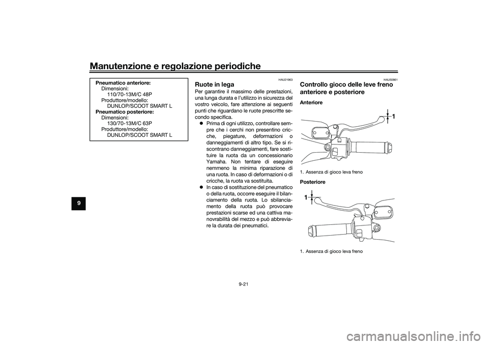 YAMAHA NMAX 125 2021 Manuale duso (in Italian) Manutenzione e regolazione periodiche
9-21
9
HAU21963
Ruote in legaPer garantire il massimo delle prestazioni,
una lunga durata e l’utilizzo in sicurezza del
vostro veicolo, fare attenzione ai segue YAMAHA NMAX 125 2021 Manuale duso (in Italian) Manutenzione e regolazione periodiche
9-21
9
HAU21963
Ruote in legaPer garantire il massimo delle prestazioni,
una lunga durata e l’utilizzo in sicurezza del
vostro veicolo, fare attenzione ai segue