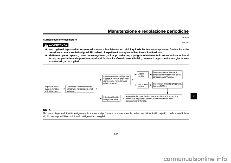 YAMAHA NMAX 125 2021 Manuale duso (in Italian) Manutenzione e regolazione periodiche
9-36
9
HAU86420
Surriscaldamento del motore
AVVERTENZA
HWAT1041
Non togliere il tappo radiatore quando il motore e il radiatore sono caldi. Liquido bollente e YAMAHA NMAX 125 2021 Manuale duso (in Italian) Manutenzione e regolazione periodiche
9-36
9
HAU86420
Surriscaldamento del motore
AVVERTENZA
HWAT1041
Non togliere il tappo radiatore quando il motore e il radiatore sono caldi. Liquido bollente e