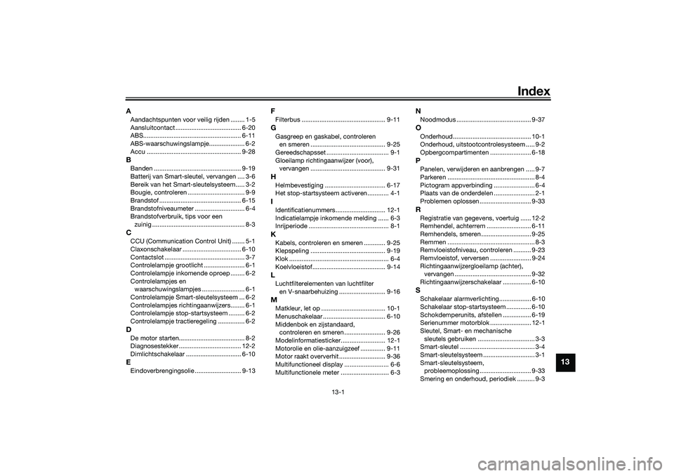 YAMAHA NMAX 125 2021  Instructieboekje (in Dutch) 13-1
13
Index
AAandachtspunten voor veilig rijden ........ 1-5
Aansluitcontact ..................................... 6-20
ABS....................................................... 6-11
ABS-waarschuwi
