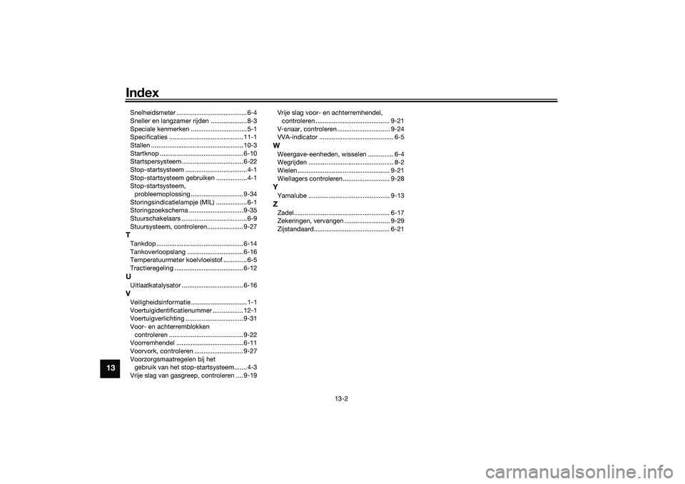 YAMAHA NMAX 125 2021  Instructieboekje (in Dutch) Index
13-2
13
Snelheidsmeter ....................................... 6-4
Sneller en langzamer rijden .................... 8-3
Speciale kenmerken ............................... 5-1
Specificaties .....