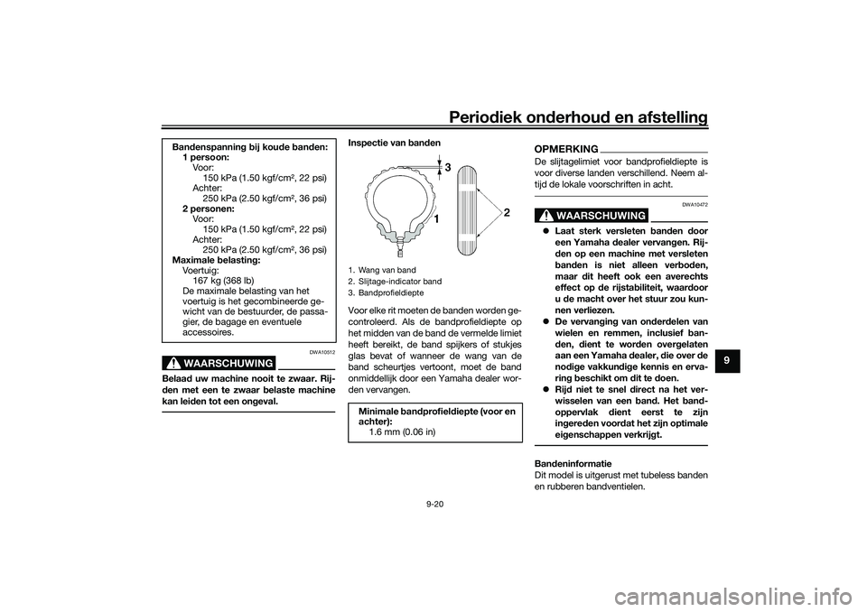 YAMAHA NMAX 125 2021  Instructieboekje (in Dutch) Periodiek onderhoud en afstelling
9-20
9
WAARSCHUWING
DWA10512
Belaad uw machine nooit te zwaar. Rij-
den met een te zwaar belaste machine
kan leiden tot een ongeval.
Inspectie van banden
Voor elke ri