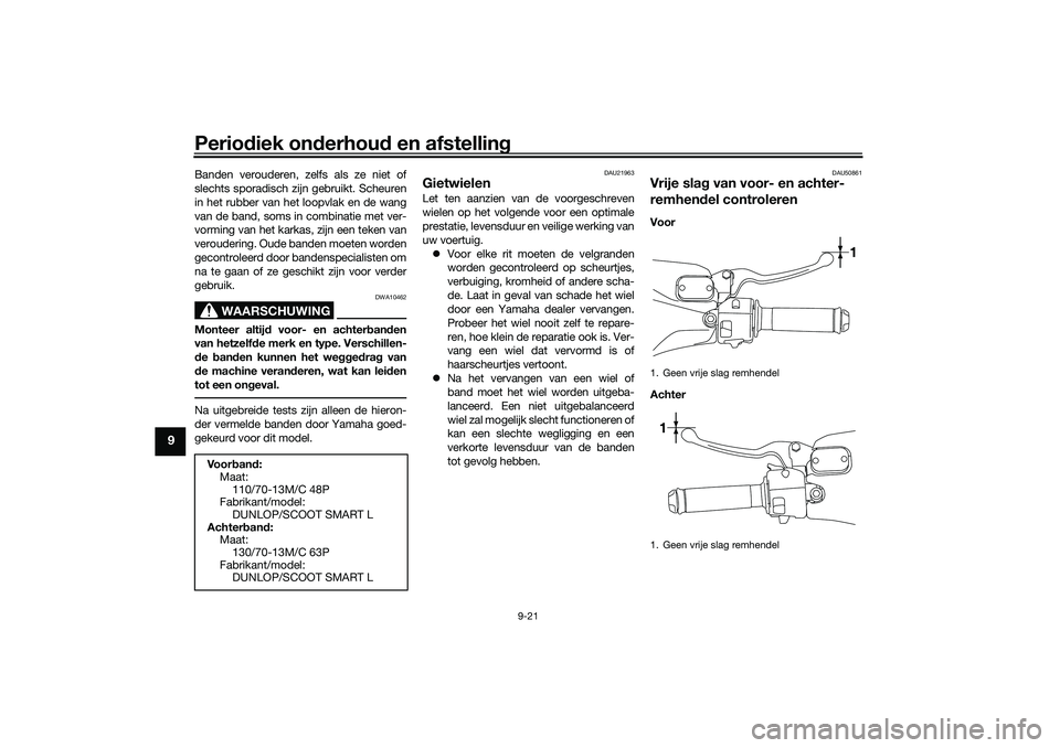 YAMAHA NMAX 125 2021  Instructieboekje (in Dutch) Periodiek onderhoud en afstelling
9-21
9
Banden verouderen, zelfs als ze niet of
slechts sporadisch zijn gebruikt. Scheuren
in het rubber van het loopvlak en de wang
van de band, soms in combinatie me
