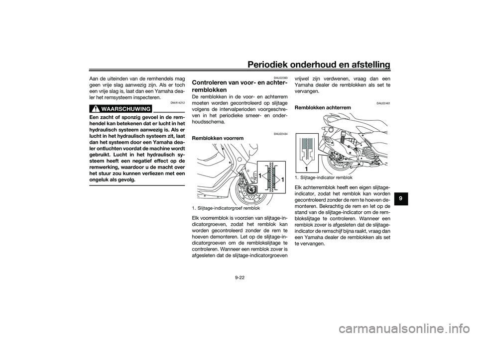 YAMAHA NMAX 125 2021 Instructieboekje (in Dutch) Periodiek onderhoud en afstelling
9-22
9
Aan de uiteinden van de remhendels mag
geen vrije slag aanwezig zijn. Als er toch
een vrije slag is, laat dan een Yamaha dea-
ler het remsysteem inspecteren.
W YAMAHA NMAX 125 2021 Instructieboekje (in Dutch) Periodiek onderhoud en afstelling
9-22
9
Aan de uiteinden van de remhendels mag
geen vrije slag aanwezig zijn. Als er toch
een vrije slag is, laat dan een Yamaha dea-
ler het remsysteem inspecteren.
W