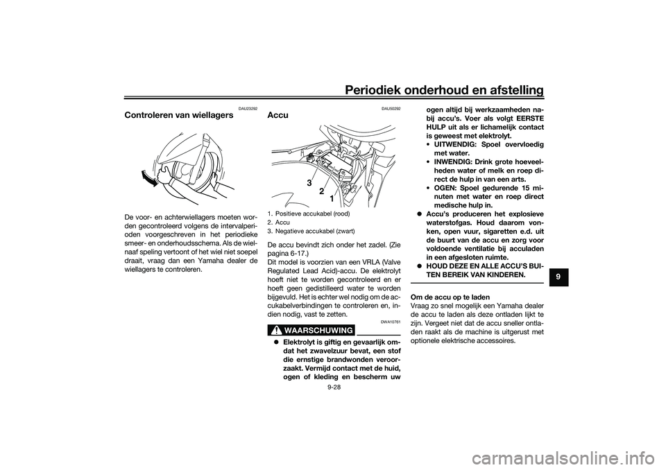 YAMAHA NMAX 125 2021  Instructieboekje (in Dutch) Periodiek onderhoud en afstelling
9-28
9
DAU23292
Controleren van wiellagersDe voor- en achterwiellagers moeten wor-
den gecontroleerd volgens de intervalperi-
oden voorgeschreven in het periodieke
sm