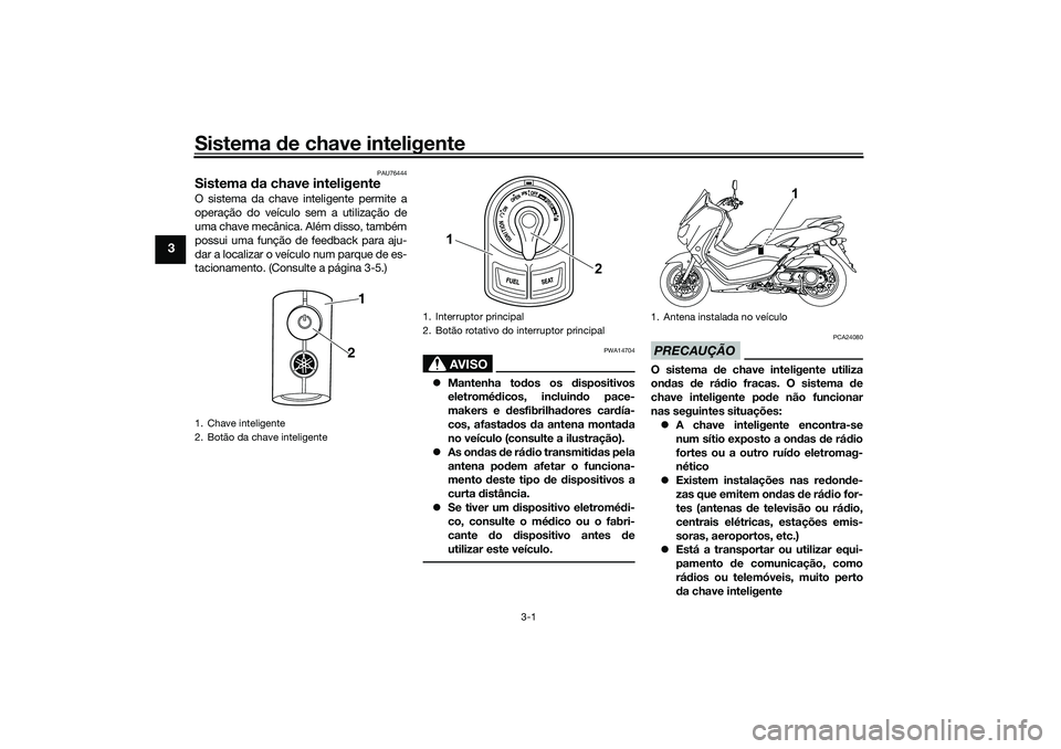 YAMAHA NMAX 125 2021  Manual de utilização (in Portuguese) Sistema de chave inteligente
3-1
3
PAU76444
Sistema da chave inteligenteO sistema da chave inteligente permite a
operação do veículo sem a utilização de
uma chave mecânica. Além disso, também
