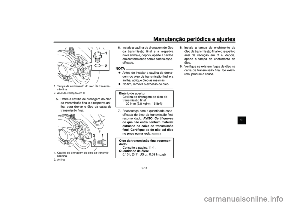 YAMAHA NMAX 125 2021  Manual de utilização (in Portuguese) Manutenção periódica e ajustes
9-14
9
5. Retire a cavilha de drenagem do óleo
da transmissão final e a respetiva ani-
lha, para drenar o óleo da caixa de
transmissão final.6. Instale a cavilha 