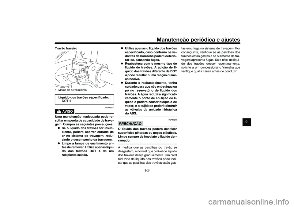 YAMAHA NMAX 125 2021 Manual de utilização (in Portuguese) Manutenção periódica e ajustes
9-24
9
Travão traseiro
AVISO
PWA16011
Uma manutenção inadequada pode re-
sultar em perda de capacidade de trava-
gem. Cumpra as seguintes precauções:
Se o lí YAMAHA NMAX 125 2021 Manual de utilização (in Portuguese) Manutenção periódica e ajustes
9-24
9
Travão traseiro
AVISO
PWA16011
Uma manutenção inadequada pode re-
sultar em perda de capacidade de trava-
gem. Cumpra as seguintes precauções:
Se o lí