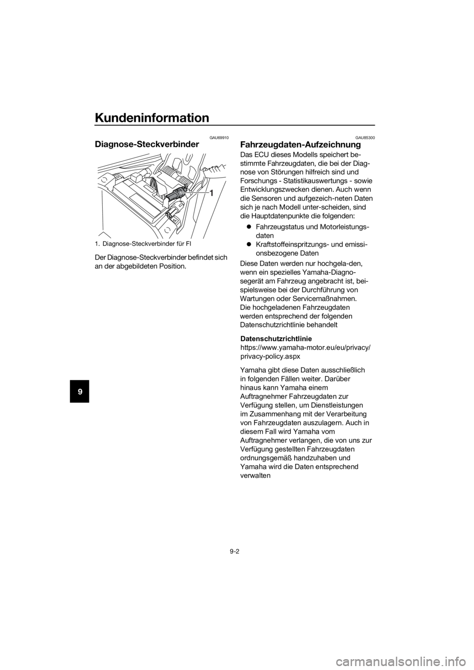 YAMAHA NMAX 150 2019  Betriebsanleitungen (in German) Kundeninformation
9-2
9
GAU69910
Dia gnose- Steckver bin der
Der Diagnose-Steckverbinder befindet sich 
an der abgebildeten Position. GAU85300
1. Diagnose-Steckverbinder für FI
1
UBV3G0G0.book  Page 