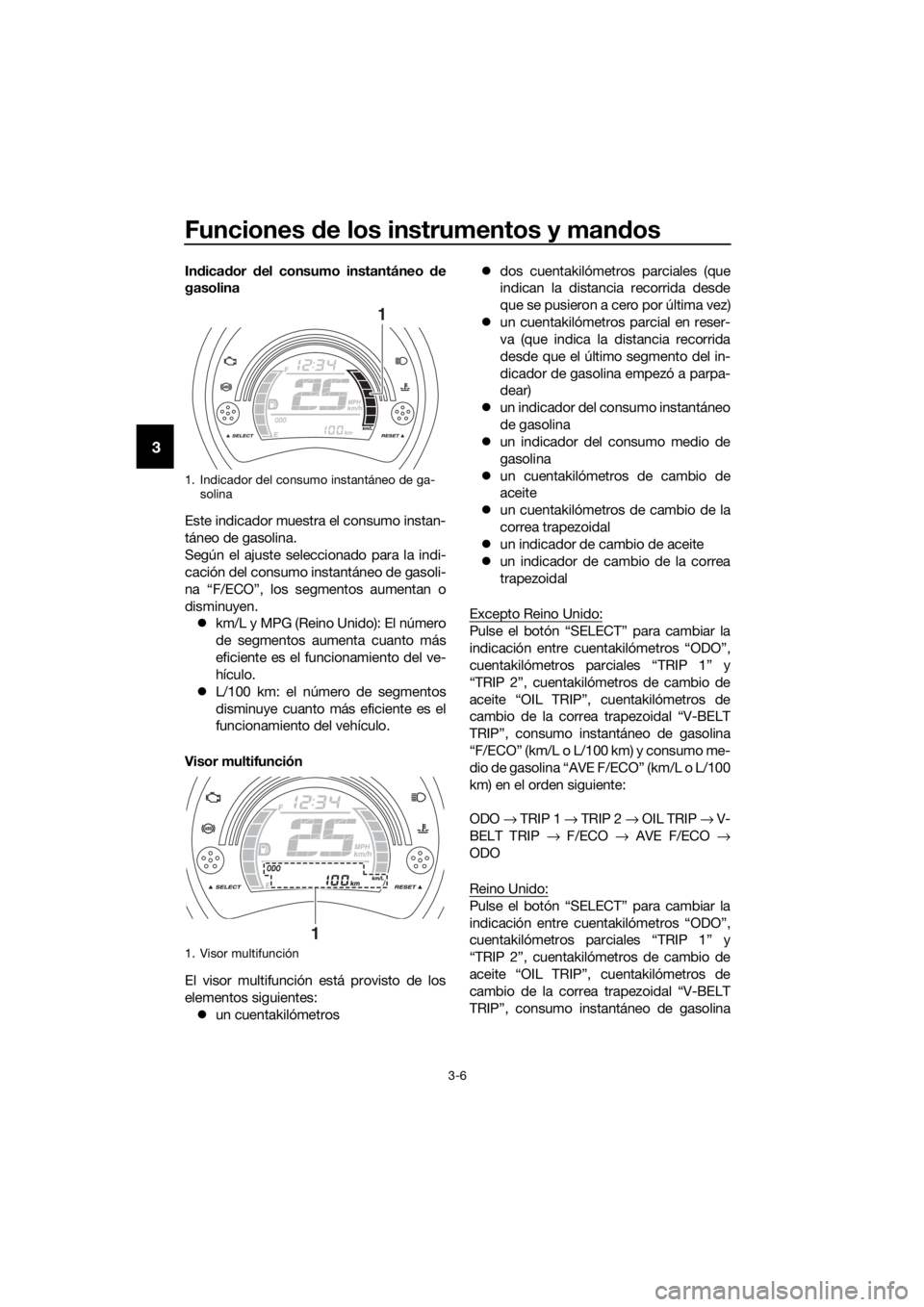 YAMAHA NMAX 125 2019 Instructieboekje (in Dutch) Funciones de los instrumentos y mandos
3-6
3
Indicador del consumo instantáneo de
gasolina
Este indicador muestra el consumo instan-
táneo de gasolina.
Según el ajuste seleccionado para la indi-
ca YAMAHA NMAX 125 2019 Instructieboekje (in Dutch) Funciones de los instrumentos y mandos
3-6
3
Indicador del consumo instantáneo de
gasolina
Este indicador muestra el consumo instan-
táneo de gasolina.
Según el ajuste seleccionado para la indi-
ca