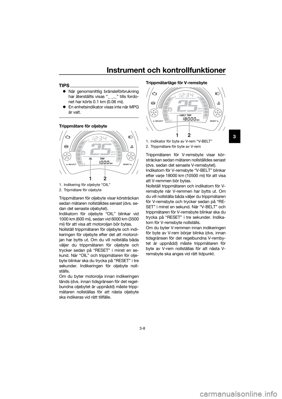 YAMAHA NMAX 150 2018  Bruksanvisningar (in Swedish) Instrument och kontrollfunktioner
3-8
3
TIPS
När genomsnittlig bränsleförbrukning
har återställts visas “_ _._” tills fordo-
net har körts 0.1 km (0.06 mi).
 En enhetsindikator visas i