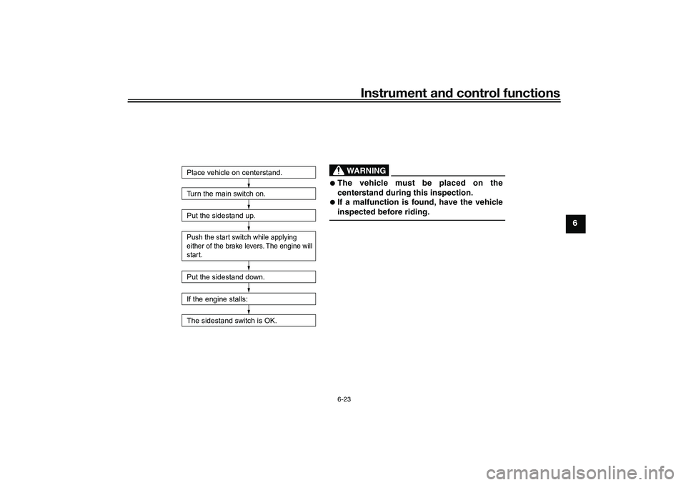 YAMAHA NMAX 155 2021 Owners Manual Instrument and control functions
6-23
6
Turn the main switch on.
Put the sidestand up.Push the start switch while applying
either of the brake levers. The engine will
start.Put the sidestand down.
If YAMAHA NMAX 155 2021 Owners Manual Instrument and control functions
6-23
6
Turn the main switch on.
Put the sidestand up.Push the start switch while applying
either of the brake levers. The engine will
start.Put the sidestand down.
If
