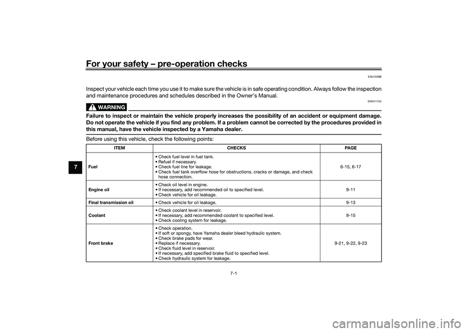 YAMAHA NMAX 155 2021  Owners Manual For your safety – pre-operation checks
7-1
7
EAU1559B
Inspect your vehicle each time you use it to make sure the vehicle is in safe operating condition. Always follow the inspection
and maintenance 
