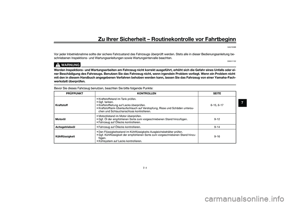 YAMAHA NMAX 155 2021  Betriebsanleitungen (in German) Zu Ihrer Sicherheit – Routinekontrolle vor Fahrt beg inn
7-1
7
GAU1559B
Vor jeder Inbetriebnahme sollte der sichere Fahrzustand des Fahrzeugs überprüft werden. Stets alle in dieser Bedienungsanlei