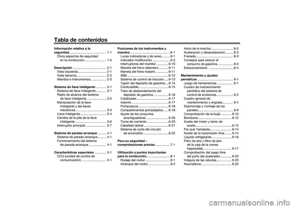 YAMAHA NMAX 155 2021  Manuale de Empleo (in Spanish) Tabla de contenid osInformación relativa a la 
seguridad .......................................... 1-1
Otros aspectos de seguridad  en la conducción......................... 1-5
Descripción ......