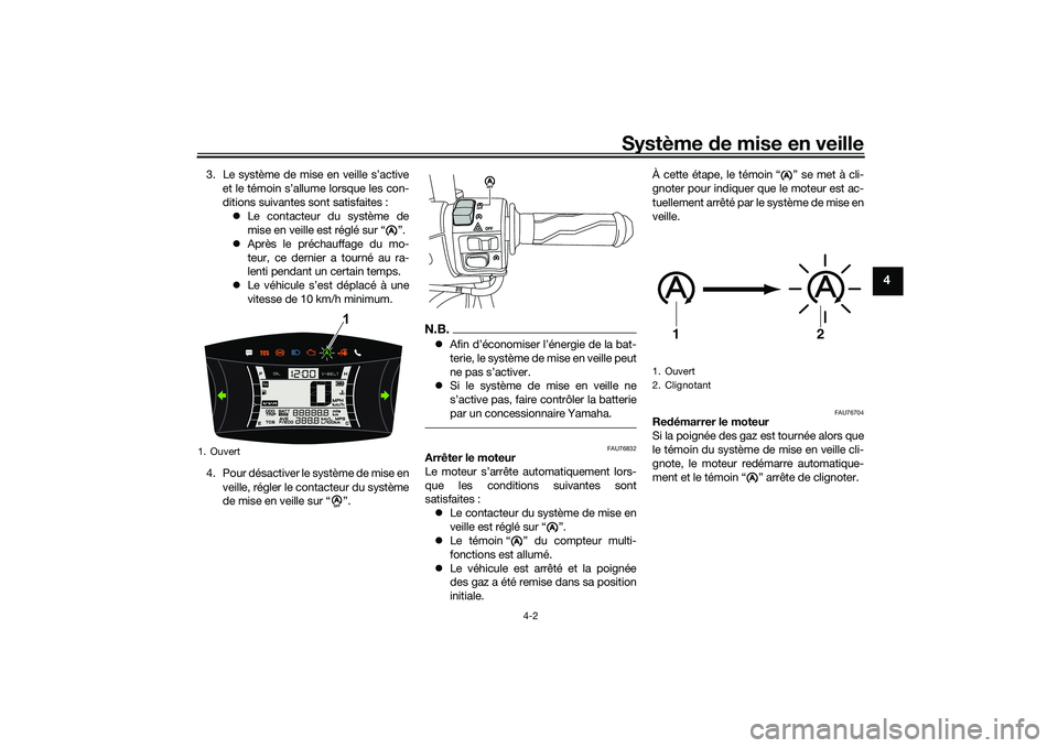 YAMAHA NMAX 155 2021 Notices Demploi (in French) Système de mise en veille
4-2
4
3. Le système de mise en veille s’active
et le témoin s’allume lorsque les con-
ditions suivantes sont satisfaites : Le contacteur du système de
mise en veil YAMAHA NMAX 155 2021 Notices Demploi (in French) Système de mise en veille
4-2
4
3. Le système de mise en veille s’active
et le témoin s’allume lorsque les con-
ditions suivantes sont satisfaites : Le contacteur du système de
mise en veil