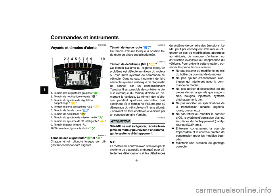 YAMAHA NMAX 155 2021 Notices Demploi (in French) Commandes et instruments
6-1
6
FAU77123
Voyants et témoins d’alerte
FAU88900
Témoins des clignotants “ ” et “ ”
Chaque témoin clignote lorsque son cli-
gnotant correspondant clignote.
F YAMAHA NMAX 155 2021 Notices Demploi (in French) Commandes et instruments
6-1
6
FAU77123
Voyants et témoins d’alerte
FAU88900
Témoins des clignotants “ ” et “ ”
Chaque témoin clignote lorsque son cli-
gnotant correspondant clignote.
F