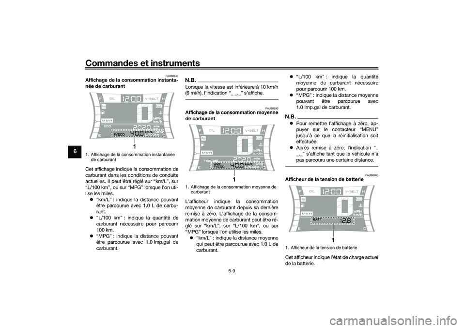 YAMAHA NMAX 155 2021 Notices Demploi (in French) Commandes et instruments
6-9
6
FAU86940
Affichage de la consommation instanta-
née de carburant
Cet affichage indique la consommation de
carburant dans les conditions de conduite
actuelles. Il peut YAMAHA NMAX 155 2021 Notices Demploi (in French) Commandes et instruments
6-9
6
FAU86940
Affichage de la consommation instanta-
née de carburant
Cet affichage indique la consommation de
carburant dans les conditions de conduite
actuelles. Il peut