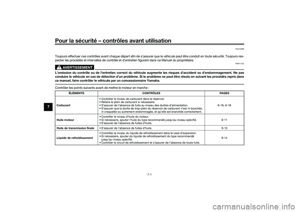 YAMAHA NMAX 155 2021 Notices Demploi (in French) Pour la sécurité – contrôles avant utilisation
7-1
7
FAU1559B
Toujours effectuer ces contrôles avant chaque départ afin de s’assurer que le véhicule peut être conduit en toute sécurité. T YAMAHA NMAX 155 2021 Notices Demploi (in French) Pour la sécurité – contrôles avant utilisation
7-1
7
FAU1559B
Toujours effectuer ces contrôles avant chaque départ afin de s’assurer que le véhicule peut être conduit en toute sécurité. T