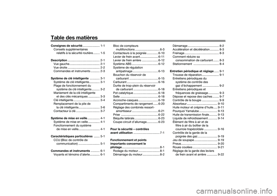 YAMAHA NMAX 155 2021  Notices Demploi (in French) Table des matièresConsignes  de sécurité ..................... 1-1
Conseils supplémentaires  relatifs à la sécurité routière ........ 1-5
Description ....................................... 2-