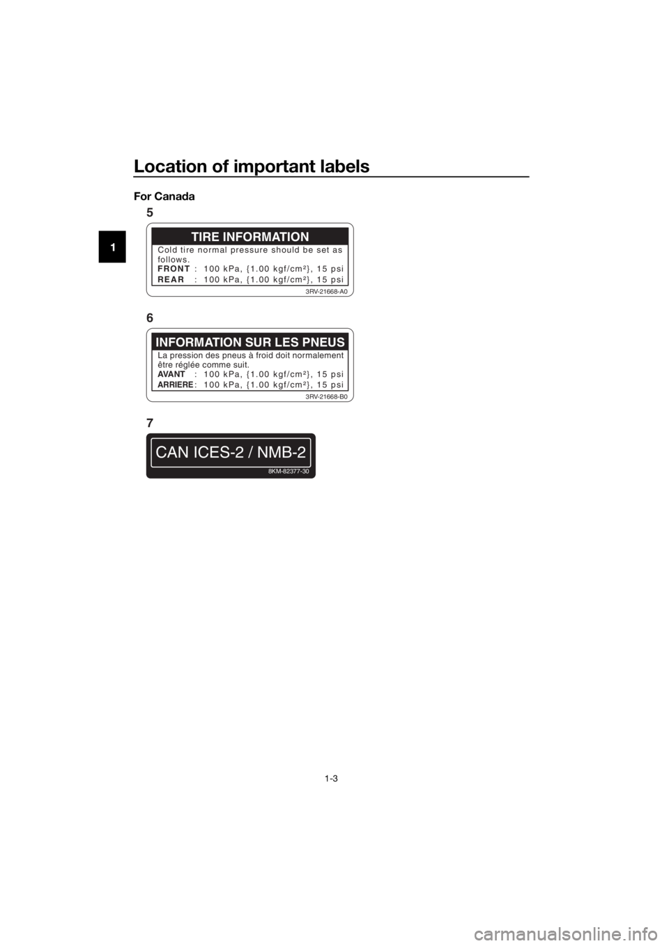 YAMAHA PW50 2022 User Guide Location of important labels
1-3
1 For Cana
daTIRE INFORMATION
Cold tire normal pressure should be set as
follows.
FRONT
REAR : 100 kPa, {1.00 kgf/cm²}, 15 psi
: 100 kPa, {1.00 kgf/cm²}, 15 psi
3R YAMAHA PW50 2022 User Guide Location of important labels
1-3
1 For Cana
daTIRE INFORMATION
Cold tire normal pressure should be set as
follows.
FRONT
REAR : 100 kPa, {1.00 kgf/cm²}, 15 psi
: 100 kPa, {1.00 kgf/cm²}, 15 psi
3R