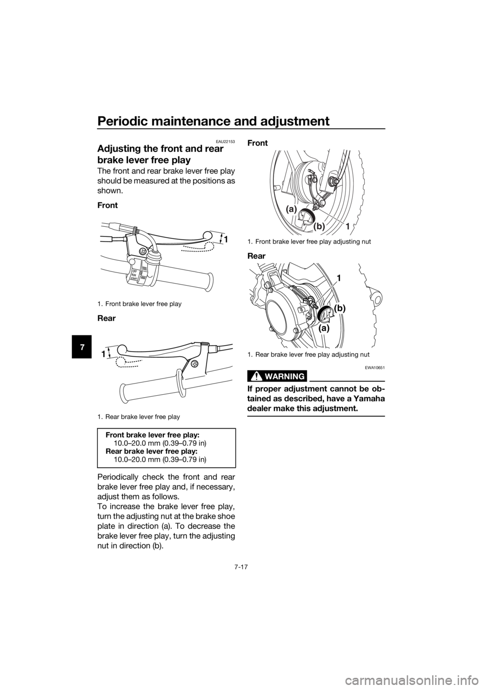 YAMAHA PW50 2022 Workshop Manual Periodic maintenance an d a djustment
7-17
7
EAU22153
A djustin g the front an d rear
b rake lever free play
The front and rear brake lever free play
should be measured at the positions as
shown.
Fro YAMAHA PW50 2022 Workshop Manual Periodic maintenance an d a djustment
7-17
7
EAU22153
A djustin g the front an d rear
b rake lever free play
The front and rear brake lever free play
should be measured at the positions as
shown.
Fro